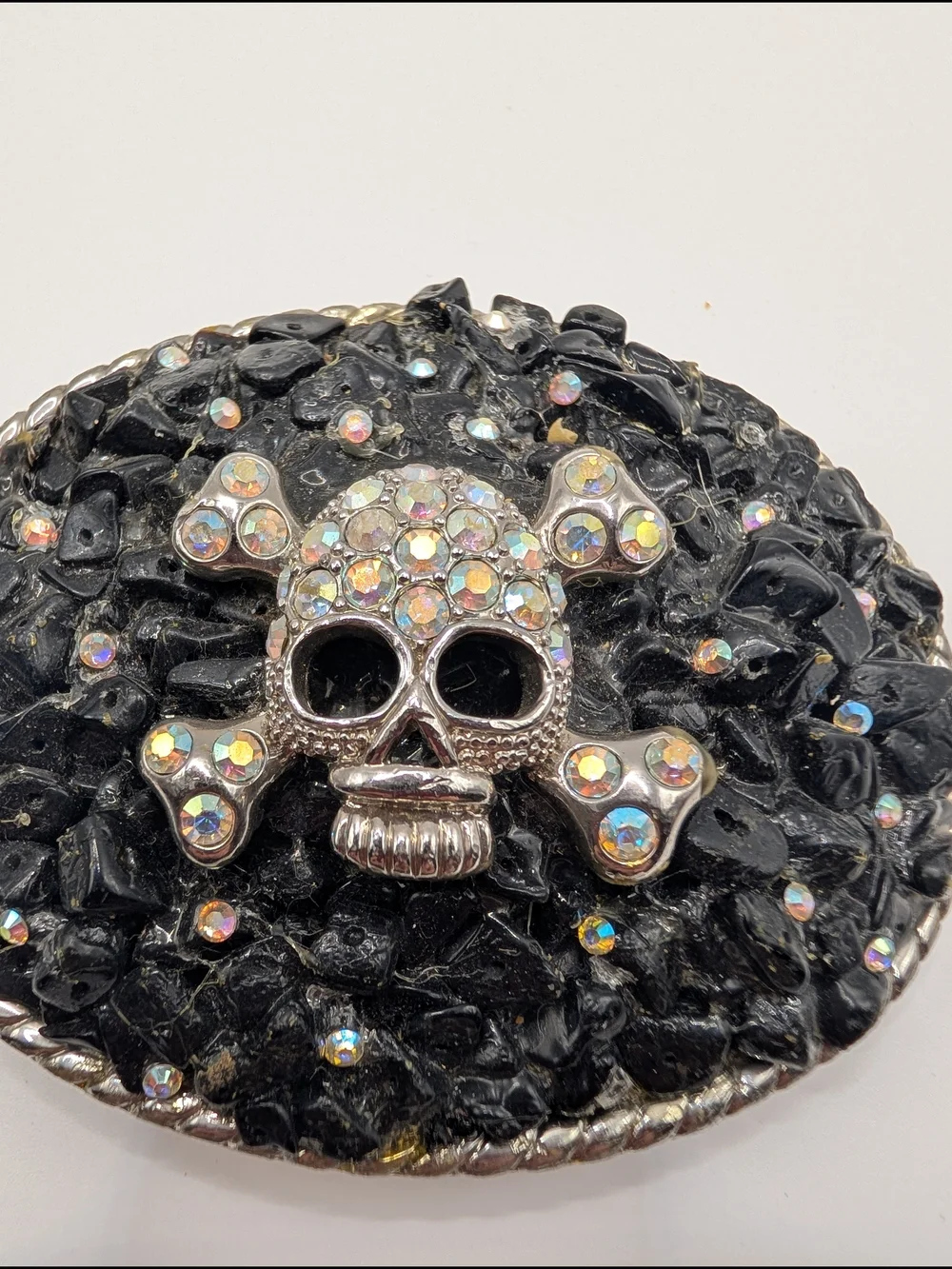 Vintage ATI Skull Crossbones Belt Buckle Black Stone AB Rhinestone Y2K McBling